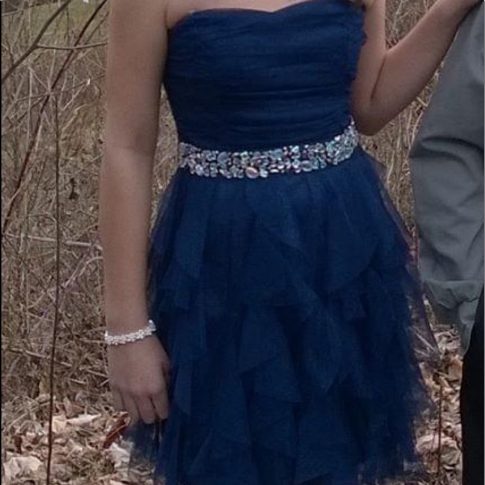 Short Ruffle Navy Blue Prom Dress - Picture 3 of 3